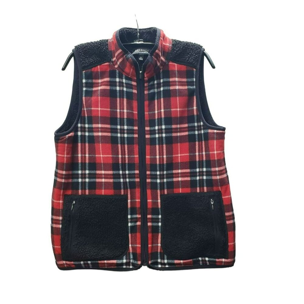 Talbots Thermawarmth Vest Red Plaid Black Sherpa Fleece Medium Pockets Gorpcore